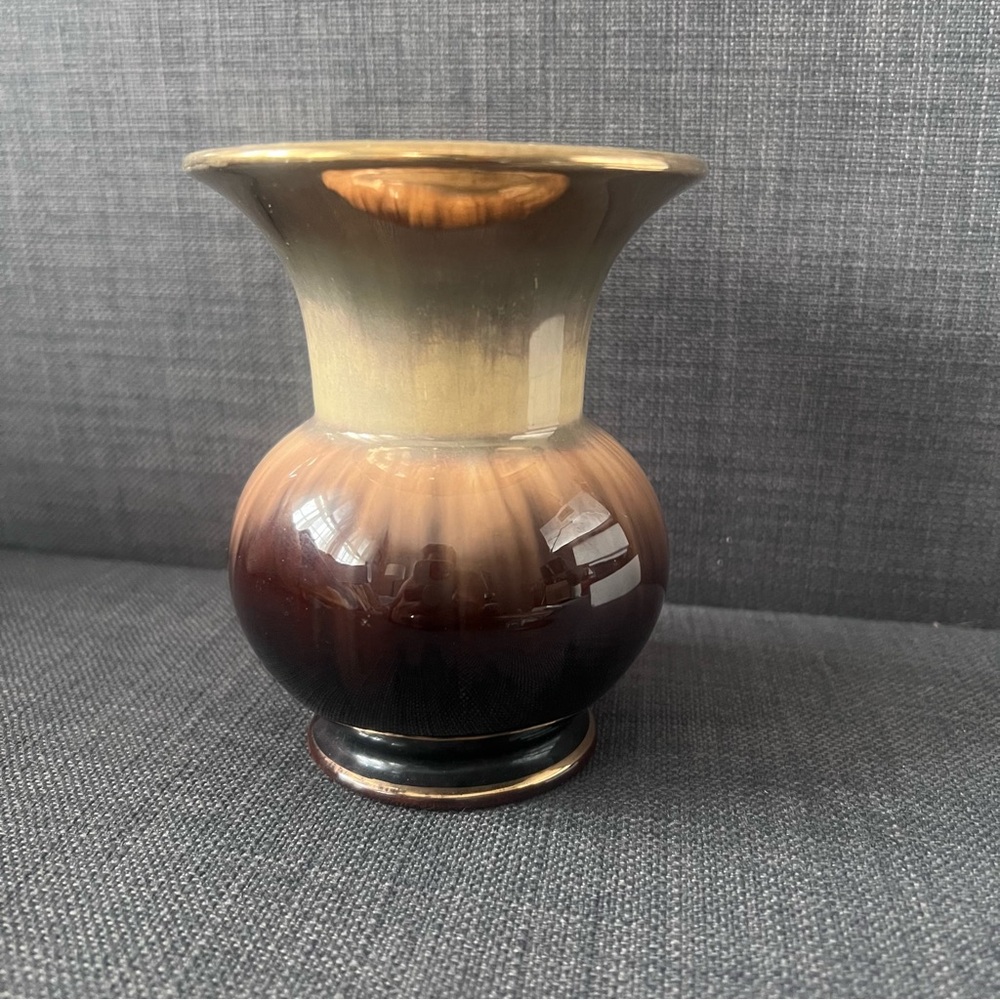 Vintage MCM brown vase gorgeous brown and golden glaze marked “FOREIGN”